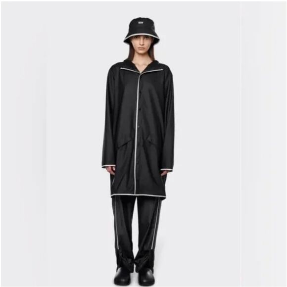 Rains Long Reflective Raincoat Jacket in Black Reflective with Hood Unisex Large - Picture 2 of 10
